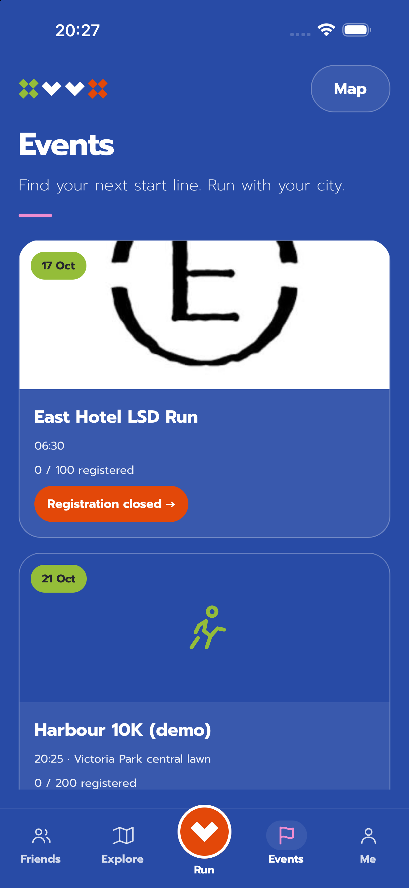 XVVX Events screen with event listings